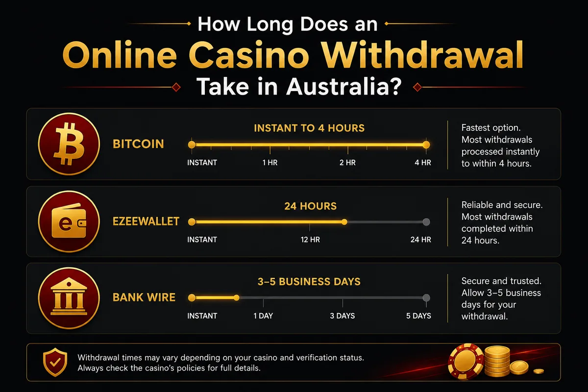 Uptown Pokies withdrawal times by method: Bitcoin instant to 4 hours, eZeeWallet 24 hours, bank wire 3 to 5 business days. Australian online casino withdrawal speed comparison.
